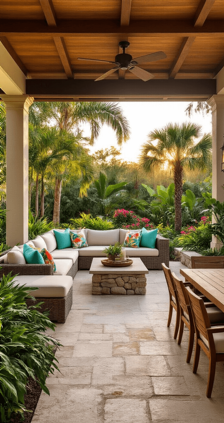 Designing Your Dream Florida Zone 9 Landscape: A Tropical Paradise Awaits Stunning Florida outdoor living space at sunset, featuring a covered pavilion with wooden beams, oversized cream sectional, lush tropical plants, and a natural stone pathway, showcasing an inviting and vibrant tropical oasis.