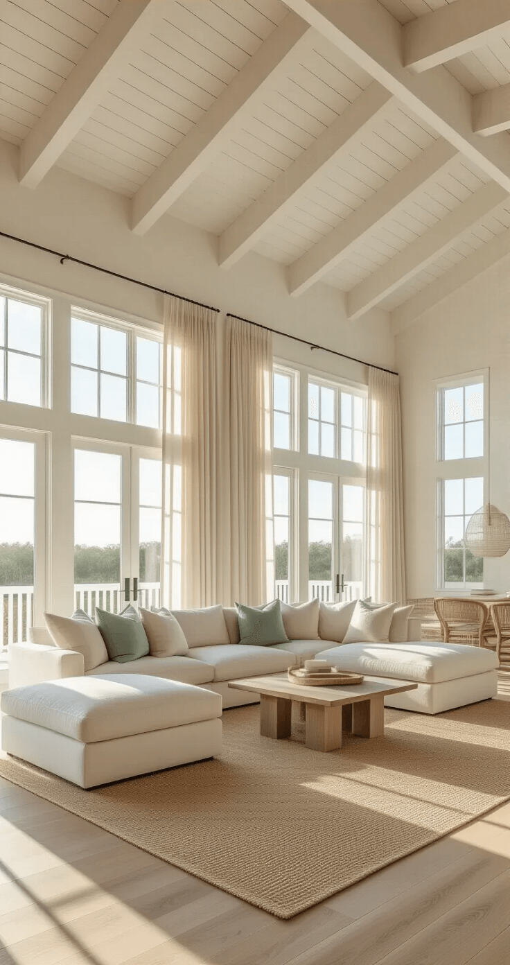 Florida Living Room: A Coastal Contemporary Sanctuary Photorealistic wide-angle view of a spacious Florida coastal contemporary living room featuring vaulted ceilings, floor-to-ceiling windows, and warm golden hour sunlight illuminating a neutral sectional sofa, jute rug, and airy white walls.