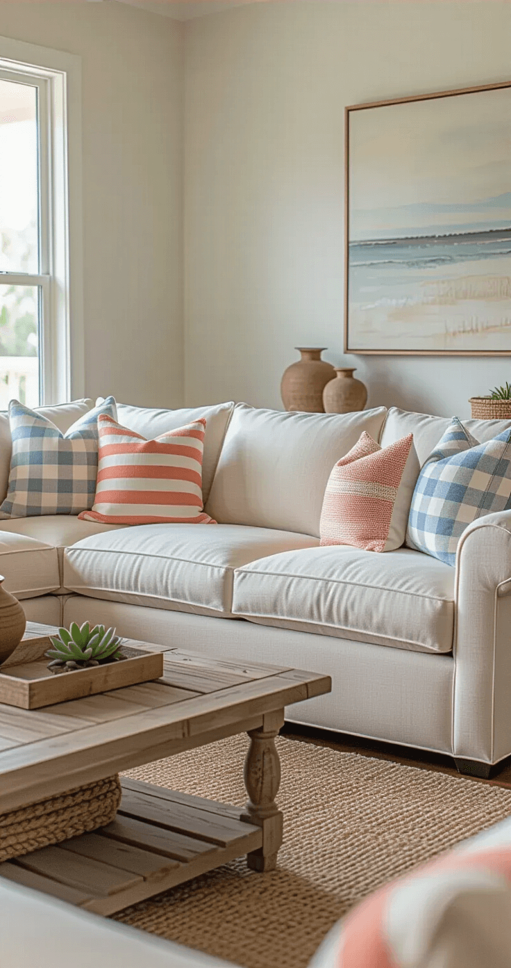 Florida Living Room: A Coastal Contemporary Sanctuary Intimate Florida living room featuring a cream linen sectional sofa with contemporary lines, styled with coastal-patterned throw pillows, a rustic driftwood-inspired coffee table, and natural light highlighting the plush cushions.