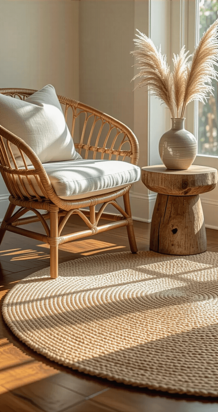 Florida Living Room: A Coastal Contemporary Sanctuary Close-up view of a Florida coastal living space featuring a handwoven jute rug over hardwood floors, a rattan chair with cream cushions, a live-edge wood side table, and a ceramic vase with pampas grass, all accented by warm afternoon sunlight highlighting natural textures.