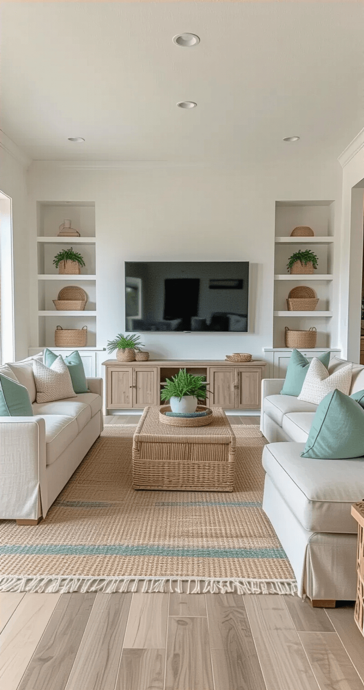Florida Living Room: A Coastal Contemporary Sanctuary A contemporary Florida living room featuring a neutral linen sectional, wall-mounted smart TV, and built-in shelving with coastal decor, all arranged for clear sightlines and conversation areas. The space incorporates sandy area rugs, seafoam accent pillows, and lush sage green plants, creating a cohesive coastal design with natural textures like jute and weathered wood. Bright, even lighting highlights the stylish, clutter-free environment from the entryway perspective.