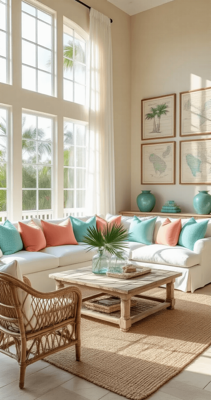 Sunshine State Style: Transforming Your Home with Florida Home Decor Photorealistic Florida-style living room with a white slipcovered sectional sofa, coral and turquoise pillows, natural jute rug, driftwood coffee table, rattan chairs, and sandy beige walls adorned with vintage Florida map artwork, illuminated by warm afternoon sunlight.