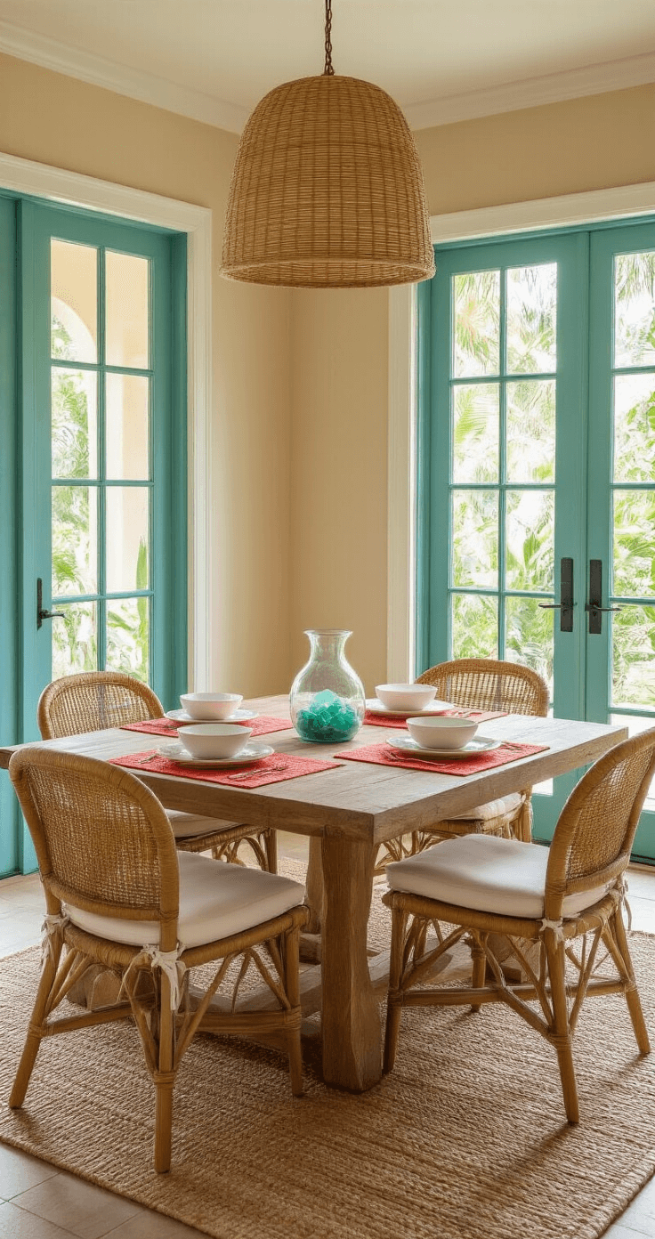 Sunshine State Style: Transforming Your Home with Florida Home Decor Intimate Florida-style dining space at golden hour featuring a reclaimed teak table and woven rattan chairs with white cushions, framed by French doors revealing a tropical garden. A natural fiber pendant light casts warm shadows over coral-colored placemats and white ceramic dinnerware, complemented by a centerpiece of sea glass in a hurricane vase. Sandy beige walls and turquoise window trim enhance the cozy atmosphere, anchored by a seagrass rug.