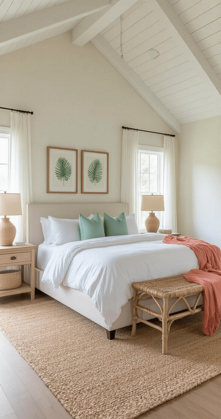 Sunshine State Style: Transforming Your Home with Florida Home Decor A serene bedroom inspired by Florida, featuring a king-sized platform bed with white linens and seafoam green pillows, vaulted ceilings with exposed beams, weathered wood nightstands, a rattan bench, and sheer white curtains filtering soft morning light.