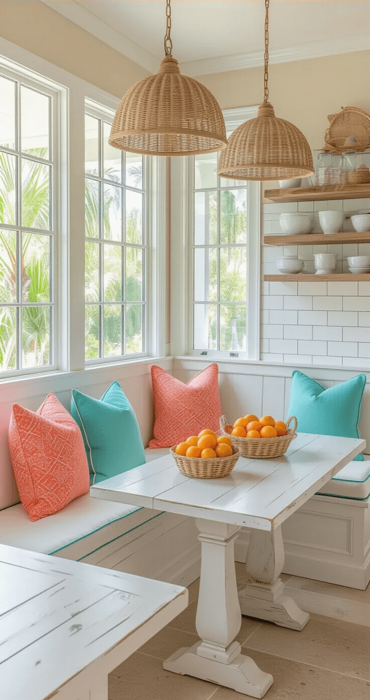 Sunshine State Style: Transforming Your Home with Florida Home Decor A vibrant Florida-style kitchen breakfast nook featuring a built-in banquette with white cushions and turquoise piping, large corner windows with tropical views, a distressed white table with citrus fruits, coral and seafoam throw pillows, white subway tile backsplash, rattan pendant lights, open shelving with ceramics, and sandy beige walls, all bathed in bright natural light.