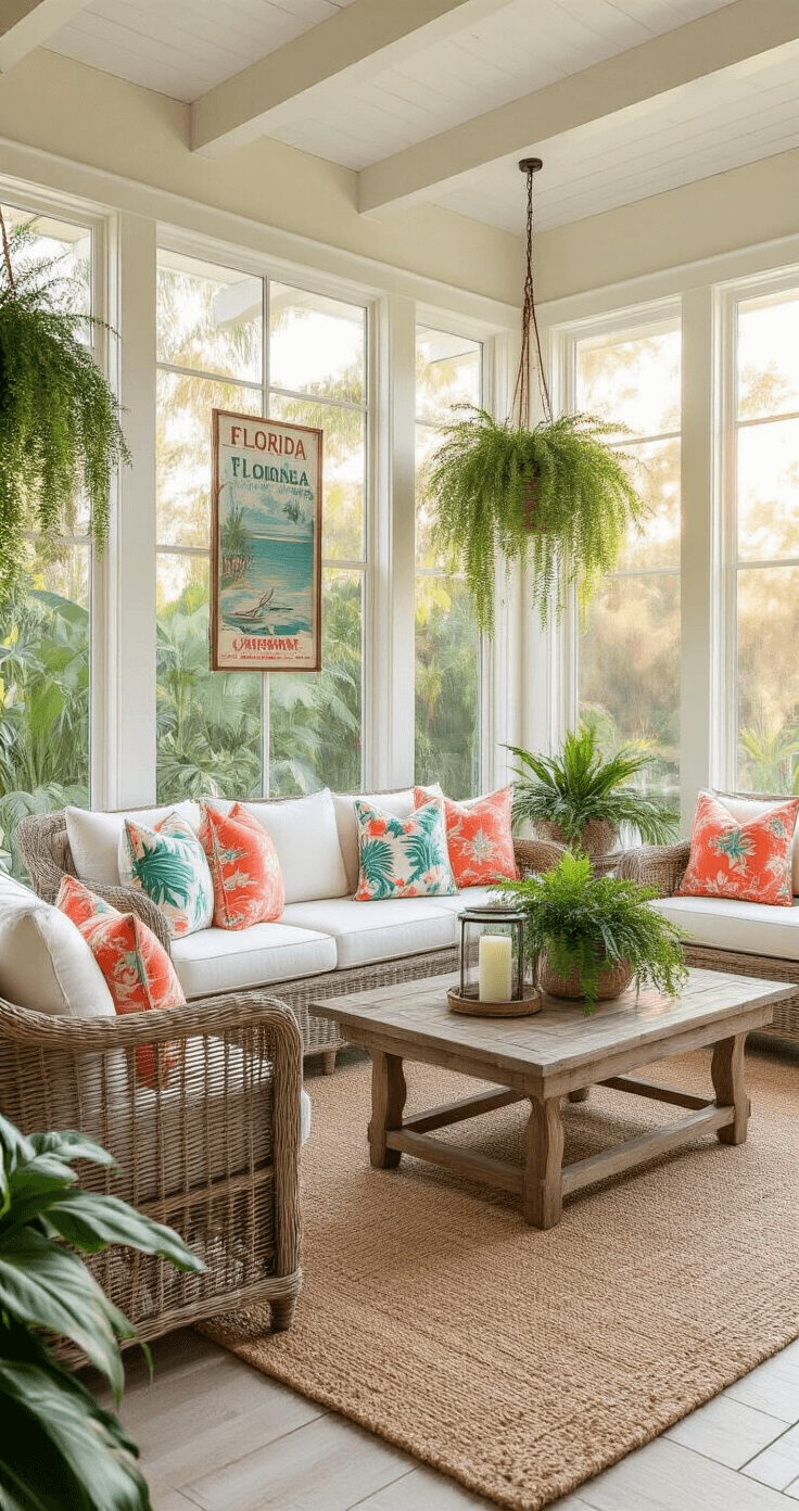 Sunshine State Style: Transforming Your Home with Florida Home Decor Inviting Florida-style sunroom with wicker seating, reclaimed wood coffee table, and tropical decor, featuring floor-to-ceiling windows, plush cushions, and lush greenery, captured during golden hour.