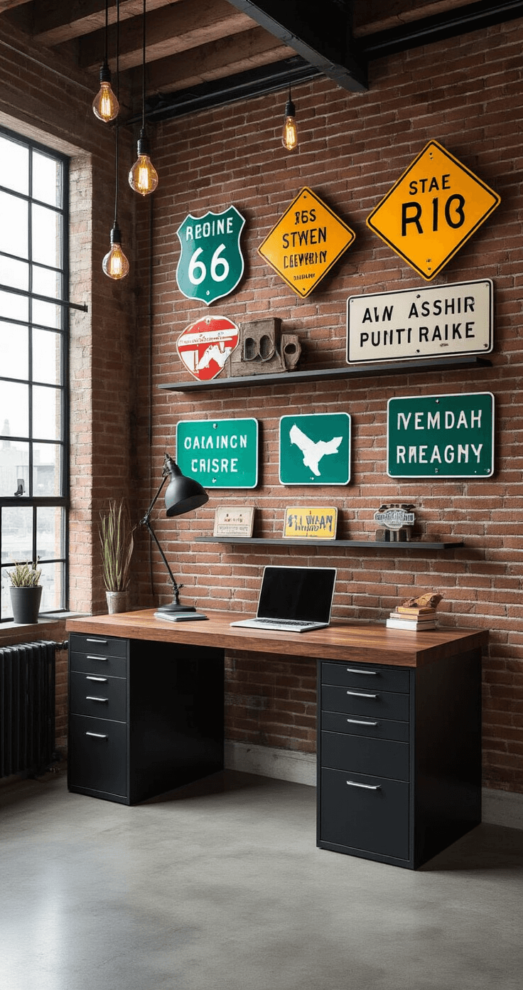 A modern home office with exposed brick walls showcasing a curated collection of authentic road signs, featuring a sleek walnut desk beneath vintage Florida route signs, metal filing cabinets, and floating shelves displaying miniature highway signs, illuminated by bright midday light and Edison bulb pendant lights.