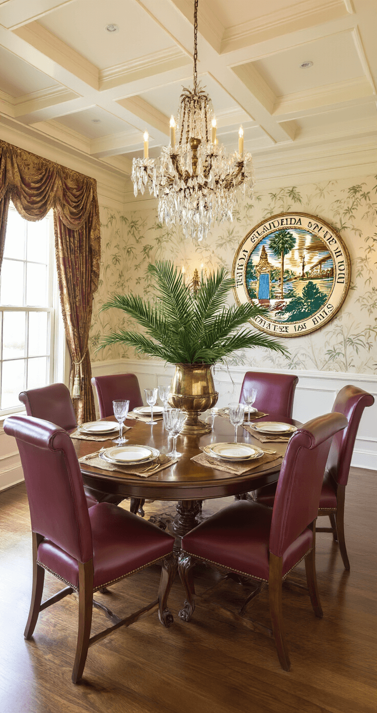 Elegant dining room with coffered ceiling and crown molding in soft cream, featuring a mahogany table set for eight, custom wallpaper with Seminole patterns, and a centerpiece of preserved palm fronds. Warm candlelight and a crystal chandelier create an intimate ambiance, with upholstered chairs in burgundy leather and a color scheme of sage green, deep burgundy, and antique gold.