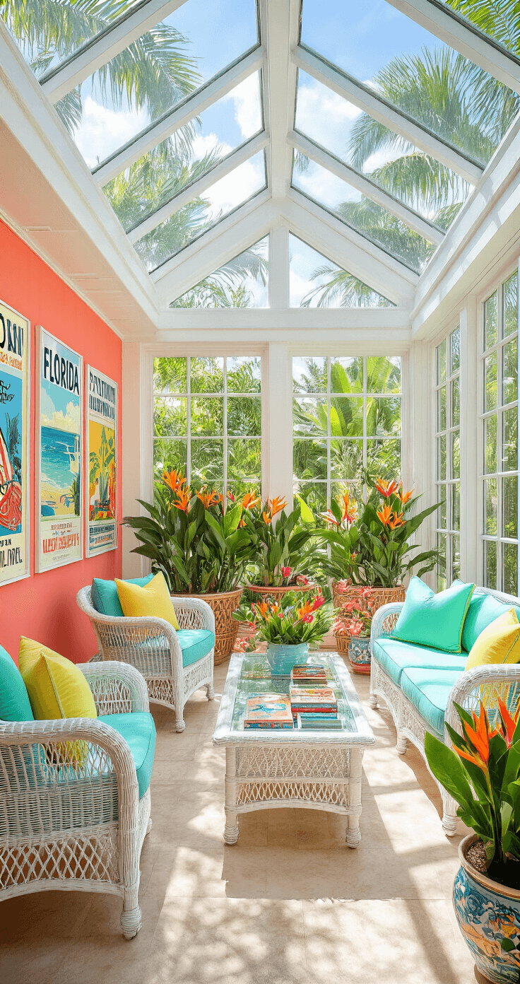 A vibrant sunroom featuring a vaulted glass ceiling, white wicker furniture, and panoramic windows overlooking a tropical garden, adorned with vintage Florida tourism posters on coral-painted walls, colorful beach umbrellas in planters, and rattan seating with turquoise and lime cushions, all bathed in morning sunshine.