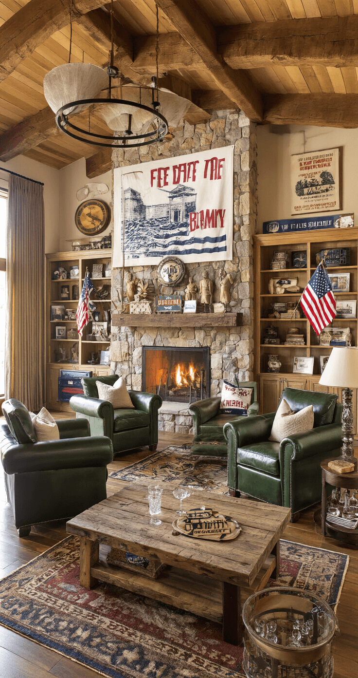 A rustic family room featuring politically-themed Florida memorabilia, with exposed cedar beams, a stone fireplace, leather club chairs, and a reclaimed wood coffee table, all bathed in warm golden hour light.