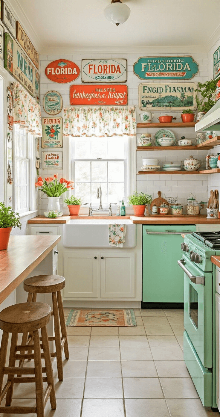 Eclectic galley kitchen with vintage Florida souvenir signs, white subway tile, butcher block countertops, and mint green appliances, illuminated by bright sunlight. Featuring open shelving with themed dishware, a farmhouse sink, a marble island with collectible signs, and a vibrant color palette of mint green, coral orange, and sunny yellow.