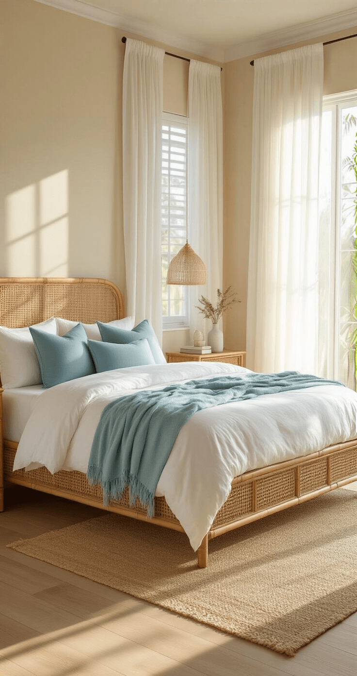 Photorealistic interior of a spacious Florida-style bedroom with golden morning sunlight, featuring a king-size rattan bed with white linens and aqua blue pillows, light oak floors, beige textured walls, and a coastal color palette, complemented by a woven jute rug and bamboo nightstands, creating a serene atmosphere.