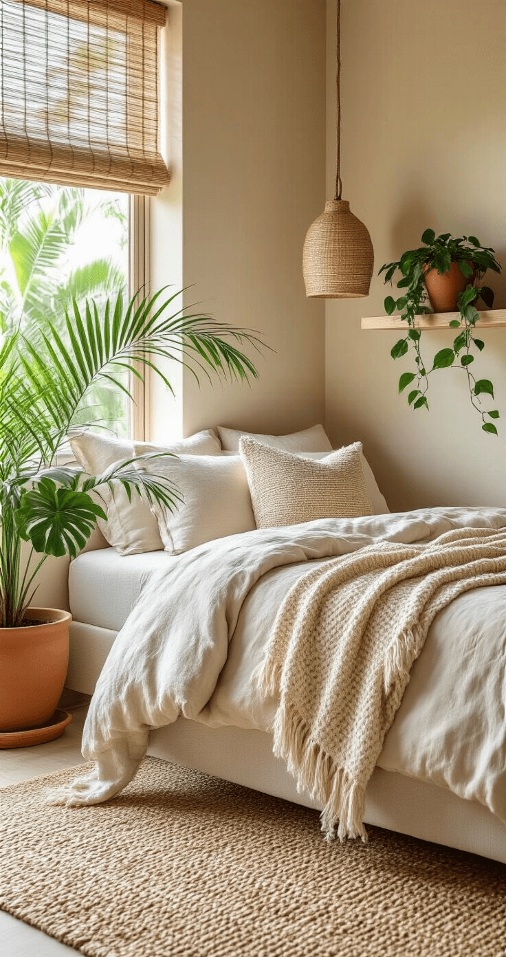 Close-up of a Florida bedroom showcasing layered textures, featuring a jute rug, linen bedding, and a woven throw blanket. A small palm in a terra cotta pot and trailing pothos add greenery, while a textured lamp complements the sandy beige walls. Morning light filters through bamboo blinds, creating gentle shadow patterns, evoking a fresh coastal atmosphere.