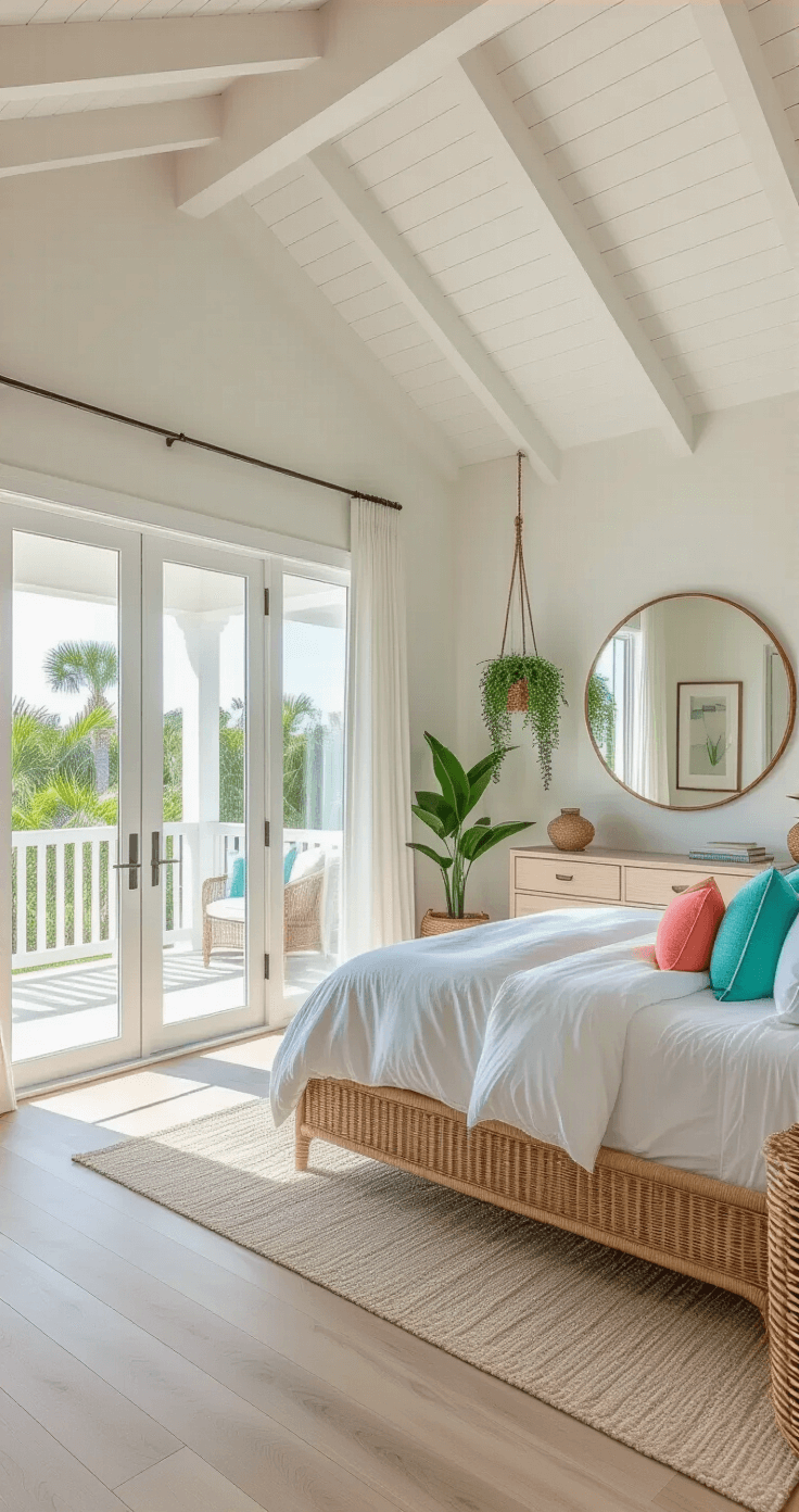 A spacious Florida bedroom with a rattan bed frame and white linen duvet, featuring vaulted ceilings, large glass doors, light wood floors, and tropical plants, captured in bright afternoon sunlight.