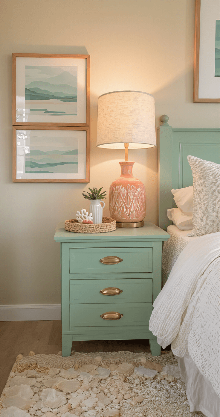 Intimate bedroom corner featuring a painted seafoam green nightstand, DIY coastal artwork, and strategically placed mirrors reflecting golden hour light. Decor includes a linen lampshade, jute coaster, and coral ceramic objects, complemented by subtle brass accents. The warm atmosphere showcases a calming palette of greens, beiges, and whites, highlighting layered styling details in a budget-friendly transformation.
