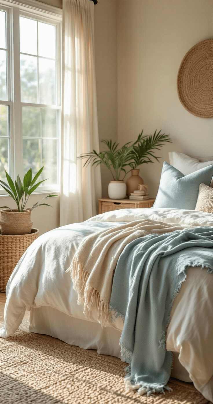 A close-up shot of a stylish Florida bedroom, featuring an uncluttered design with rich textures. Morning light filters through sheer window treatments, highlighting plush linen pillows, soft throw blankets, and intentional asymmetry in decor. Woven basket storage and potted small palm plants add warmth, while sandy beige walls complement aqua blue accents and metallic brass and copper touches, creating a comfortable, inviting atmosphere.