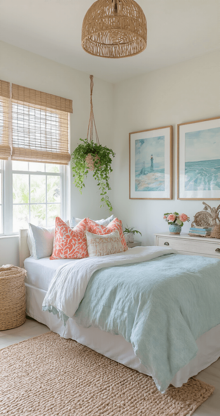 Brightly lit Florida bedroom transformation showcasing a coastal sanctuary with coral-patterned throw pillow covers, a hanging plant, a rearranged artwork gallery wall, light bamboo blinds, fresh flowers in a ceramic vase, and layered textures including jute rugs and linen bedding, all in a balanced palette of aqua blues, sandy neutrals, and gentle greens.