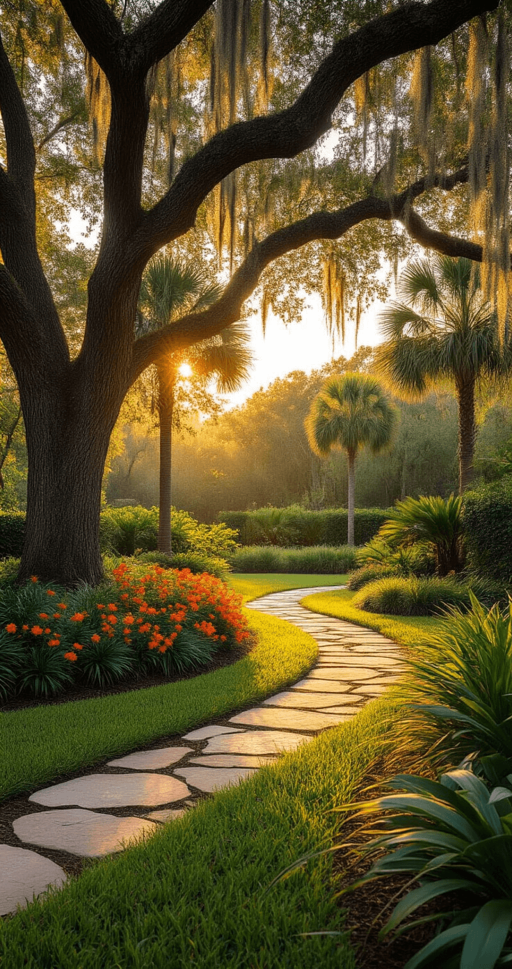Photorealistic wide-angle view of a Florida backyard at golden hour, featuring a majestic Live Oak, Sabal Palms, vibrant Firebush, and ethereal Muhly grass, with warm sunlight filtering through Spanish moss and rich emerald greens contrasting with terracotta tones.