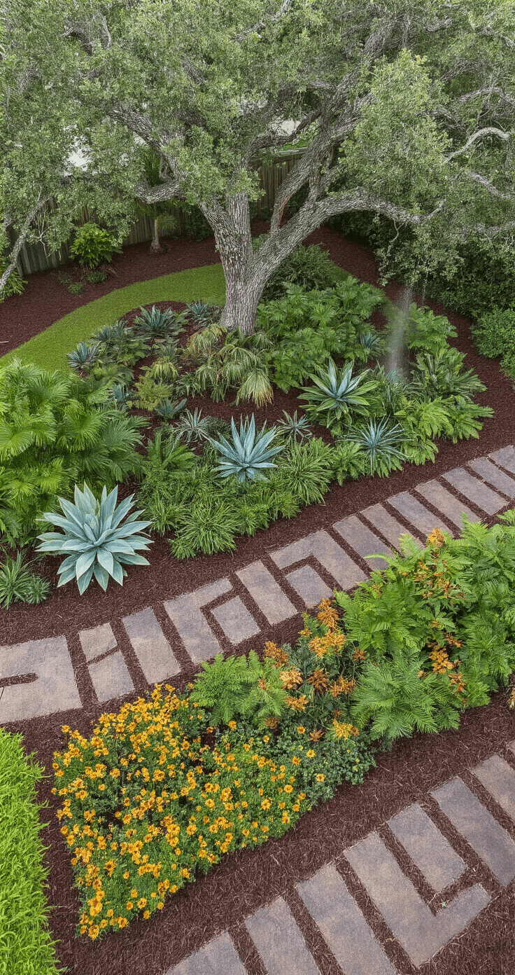Aerial view of a Florida backyard showcasing three distinct plant neighborhoods: a drought-tolerant zone with agaves and grasses, a shade garden with ferns and coontie under an oak canopy, and a sunny border filled with native wildflowers. Dark chocolate mulch pathways intersect the zones, and a misting sprinkler system is visible in the morning light, all under soft, diffused lighting.