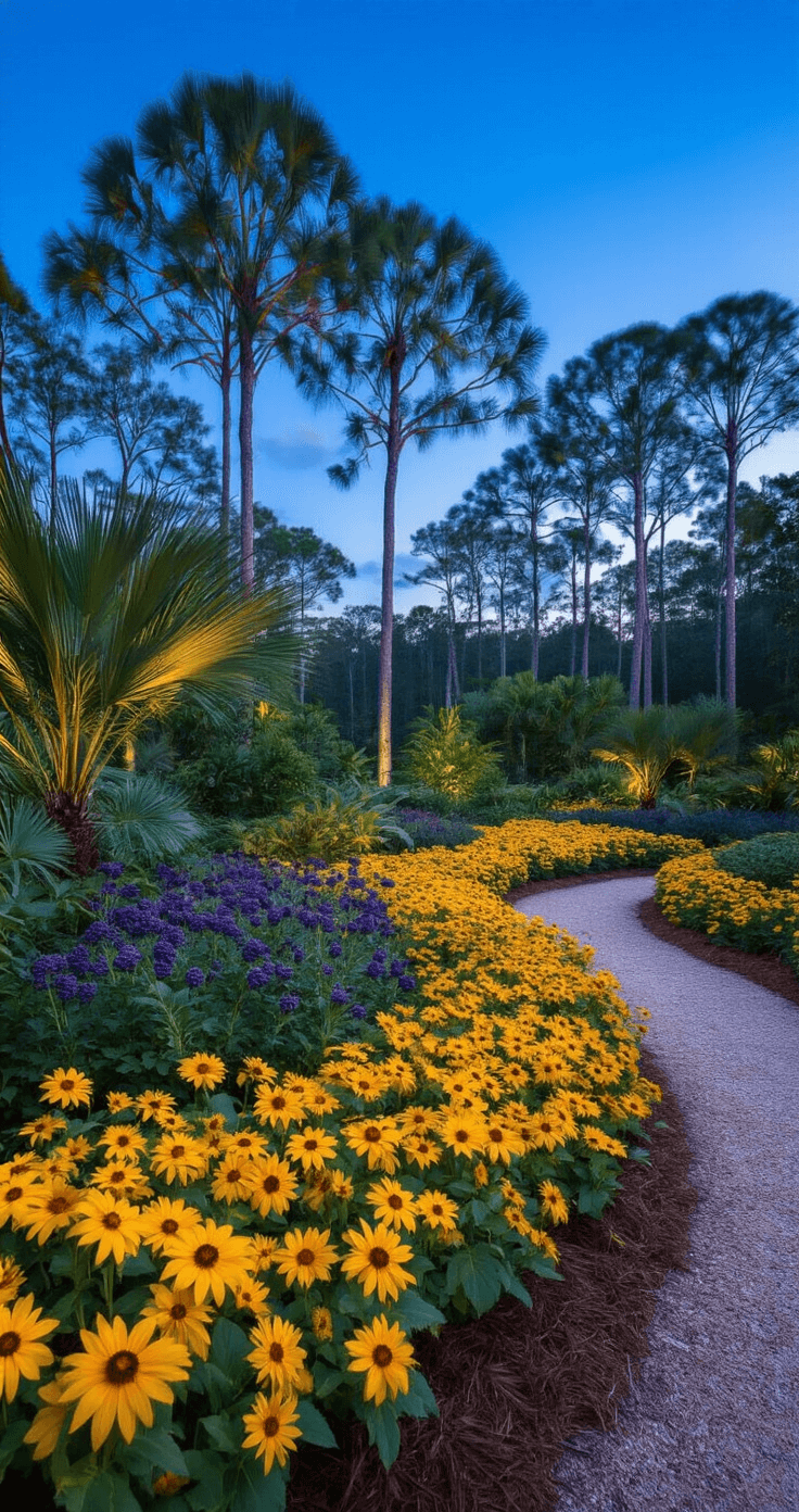 A layered Florida landscape garden at blue hour, featuring a foreground of golden beach sunflower ground cover, sculptural saw palmetto and beautyberry shrubs in the middle layer, and towering slash pines in the background. Subtle landscape lighting highlights key plants, with a decomposed granite pathway meandering through the scene under a deep twilight blue sky.