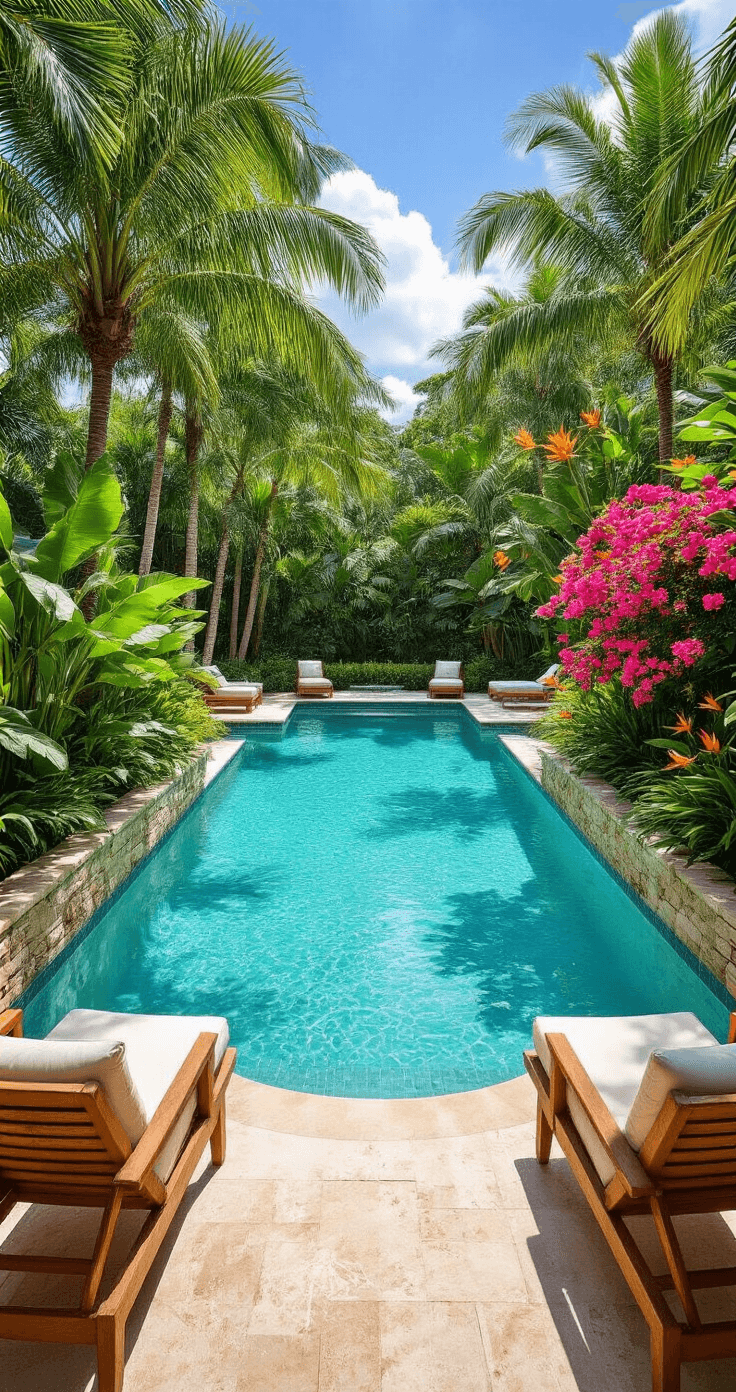 Luxurious tropical backyard retreat featuring a crystalline turquoise swimming pool, surrounded by lush plantings, towering royal palms, vibrant bird of paradise blooms, and cascading pink bougainvillea, captured under brilliant midday sun with dynamic shadows and highlights.