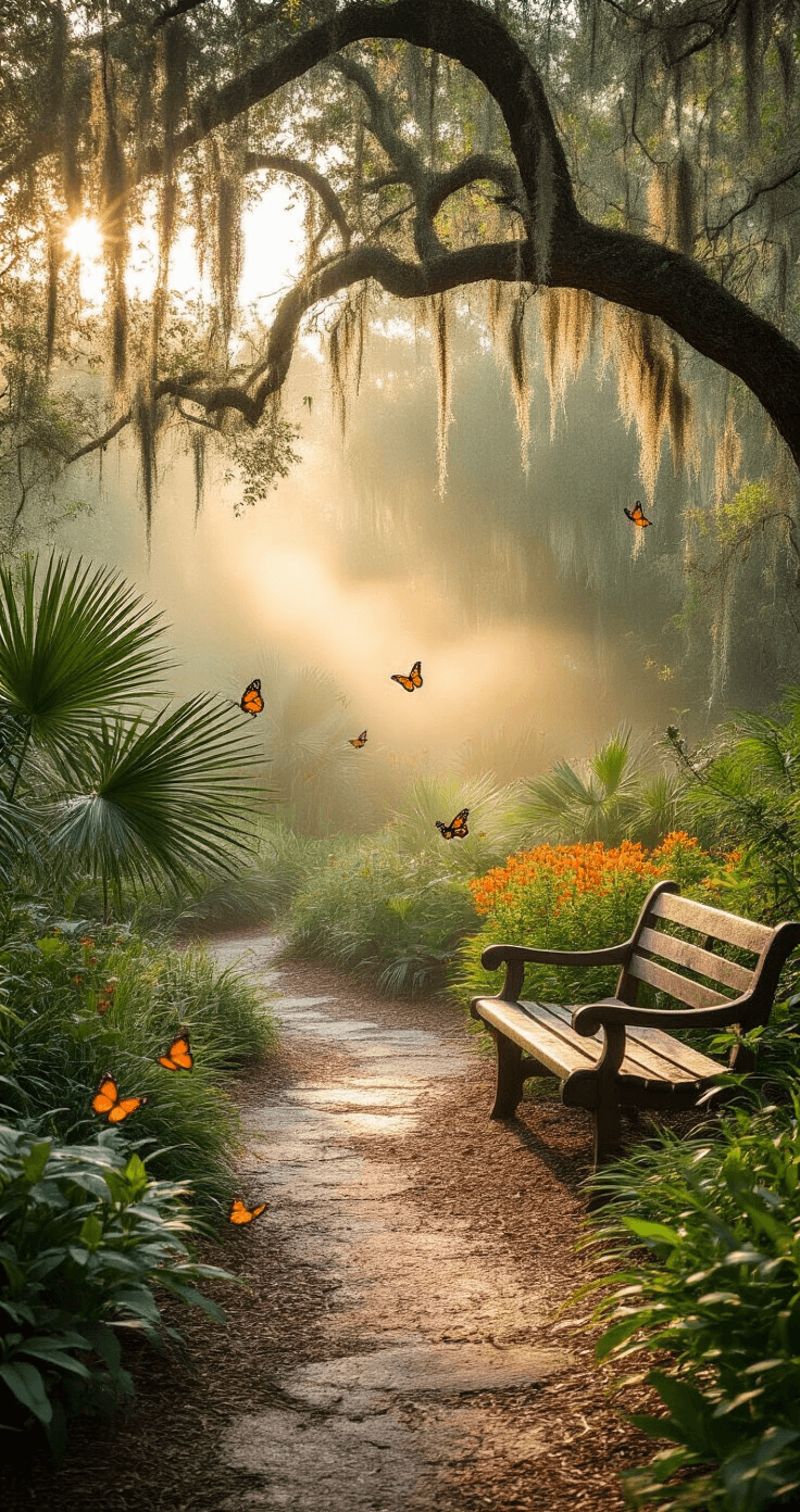 Enchanting wildlife garden at dawn, featuring coontie palms and firebush with monarch butterflies around milkweed, a weathered cedar bench, and Spanish moss from live oaks, all captured in soft, diffused golden light with ethereal mist and a muted earth-tone palette.