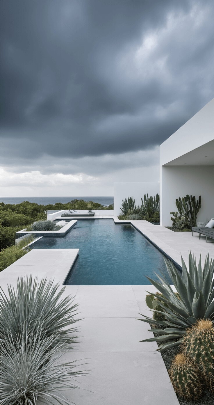 A sleek modern coastal backyard with a rectangular infinity pool extending towards the horizon, featuring salt-tolerant plants like silver-blue sea oats and architectural agaves, surrounded by white stucco walls and concrete pavers, under moody overcast skies with dramatic storm clouds and occasional sun breaks.