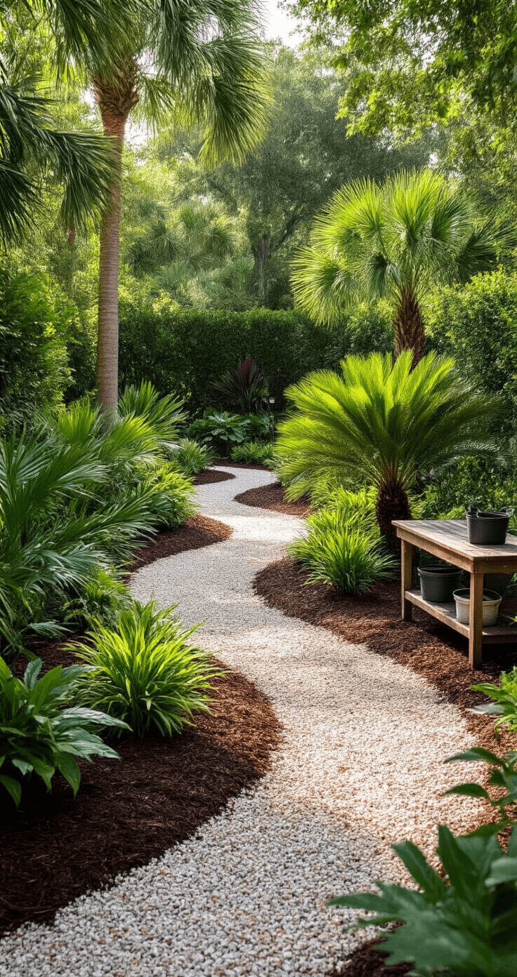 A well-maintained Florida garden featuring native plants, drip irrigation, fresh dark mulch, pruned saw palmettos, gravel paths, and solar-powered lights, photographed in bright afternoon sunlight with clear blue skies.