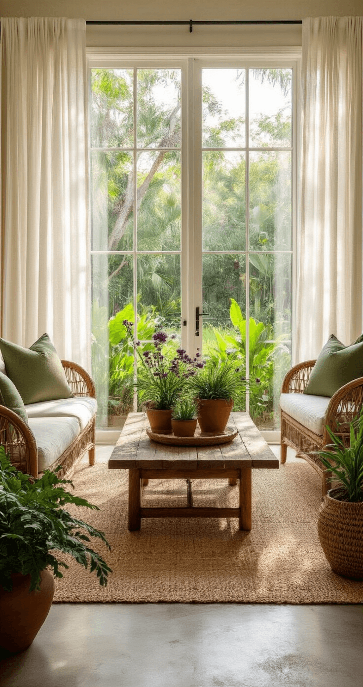 Simple Florida Landscaping: Create a Low-Maintenance, Native Paradise Photorealistic sunroom with floor-to-ceiling windows overlooking a lush Florida garden, illuminated by golden morning light. Features include a weathered teak coffee table with native beautyberry and muhly grass, polished concrete floors, a beige jute rug, rattan furniture with sage green cushions, and terra cotta planters with native plants, accented by dried muhly grass in ceramic vases.