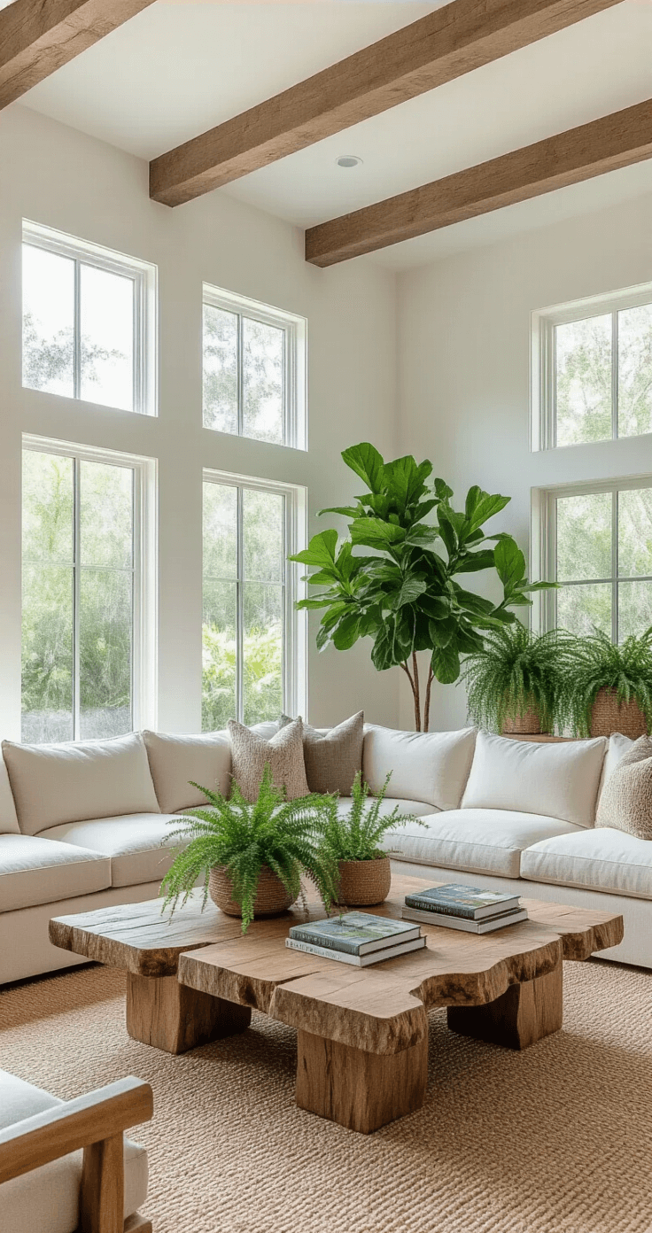 Simple Florida Landscaping: Create a Low-Maintenance, Native Paradise A modern Florida-style living room with white walls and wood beam accents, featuring a low-profile sand-colored sectional, live-edge cypress coffee table, and layered plant displays including Southern Wax Myrtle and Spanish moss, all bathed in soft afternoon light.