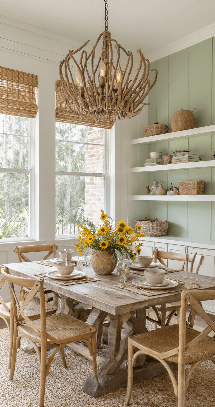 Simple Florida Landscaping: Create a Low-Maintenance, Native Paradise Interior shot of a Florida-inspired dining room featuring a reclaimed wood table set for four, illuminated by late afternoon light through bamboo blinds, with exposed brick walls, a driftwood chandelier, and vintage chairs amidst natural decor elements.