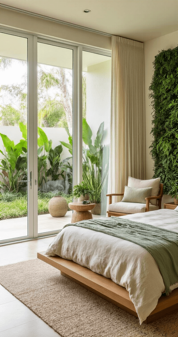 Simple Florida Landscaping: Create a Low-Maintenance, Native Paradise High-end master bedroom with natural oak platform bed and organic linen bedding in cream and sage, featuring a reading nook, living walls with air plants, and beautyberry specimens, all illuminated by early morning light through large sliding glass doors.