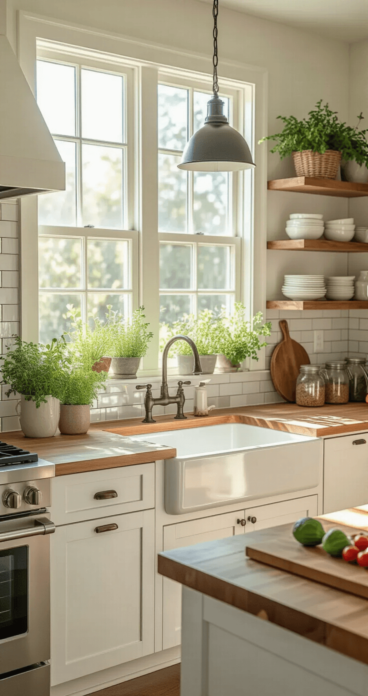 Simple Florida Landscaping: Create a Low-Maintenance, Native Paradise Photorealistic kitchen showcasing Florida native plants, bright sunlight, white shaker cabinets, butcher block countertops, large island with mason jars and beautyberries, open shelving with ceramic dishes and botanical guides, natural stone backsplash, stainless steel appliances, woven grass pendant lights, polished concrete floors, and a natural fiber rug.