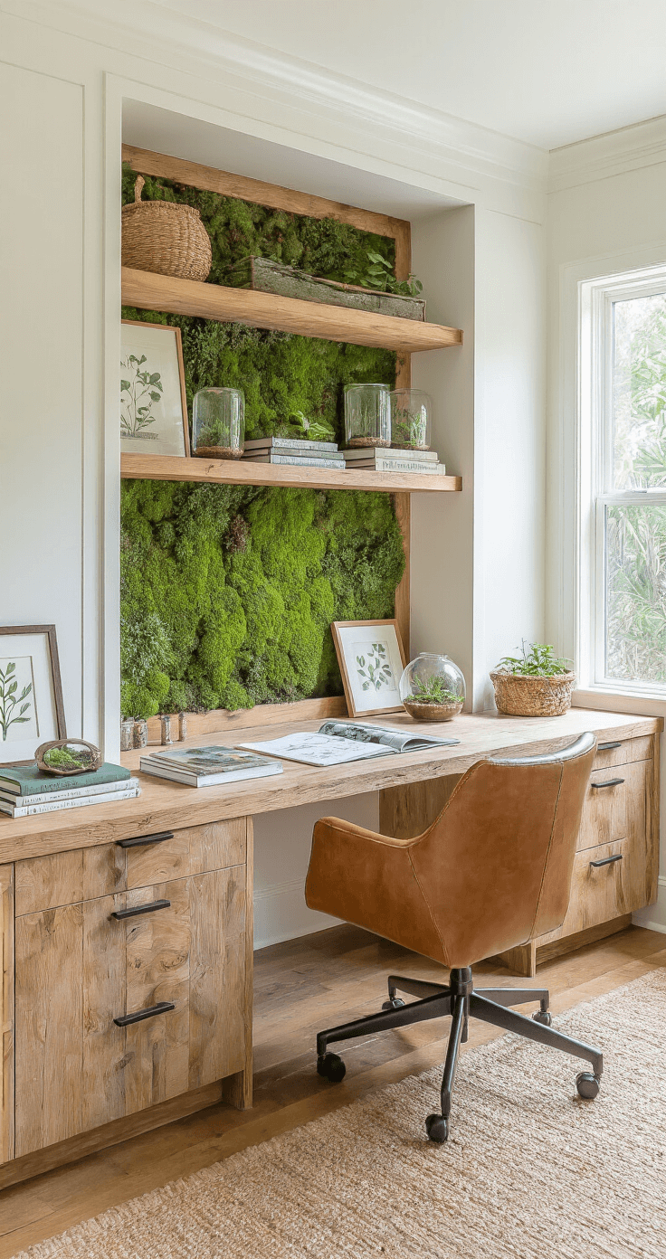 Simple Florida Landscaping: Create a Low-Maintenance, Native Paradise Interior view of a home office inspired by Florida's landscape, featuring a custom reclaimed cypress desk under a large window with a rain garden, warm white walls, a living moss accent wall, landscape design books, natural leather chair, floating shelves with native seeds, wide-plank bamboo flooring, and greenery from various small plants.