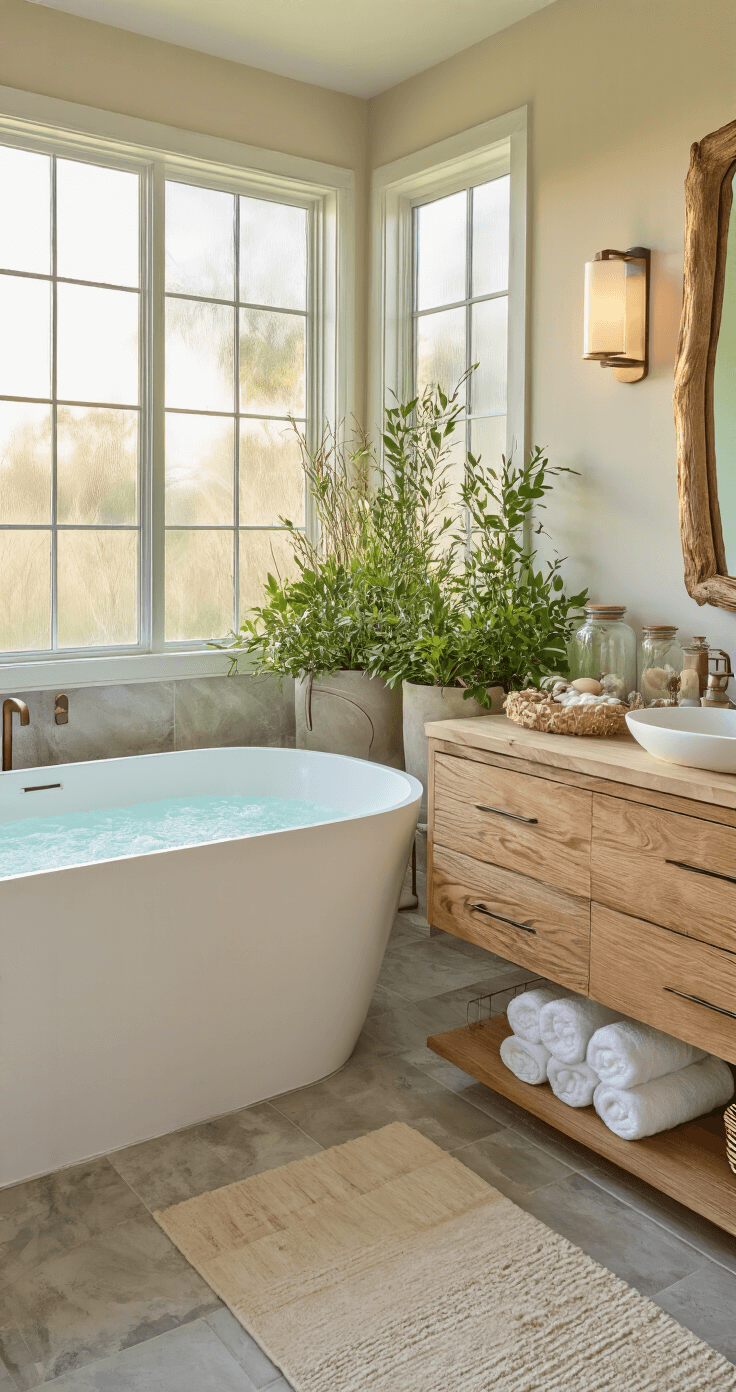 Simple Florida Landscaping: Create a Low-Maintenance, Native Paradise Luxury bathroom interior featuring a freestanding soaking tub, live-edge wood floating vanity, and natural stone flooring, illuminated by golden hour light through frosted glass. The serene space includes lush greenery, warm tones, and spa-like accents.