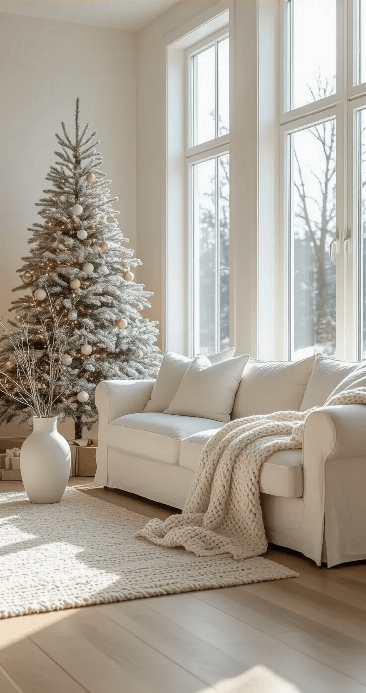 Minimalist Christmas Decor: Create a Serene Holiday Sanctuary A bright and serene living room featuring a minimalist Christmas tree with warm white lights, a cream linen sofa with a chunky knit throw, and pale oak hardwood floors, all bathed in soft winter morning light.