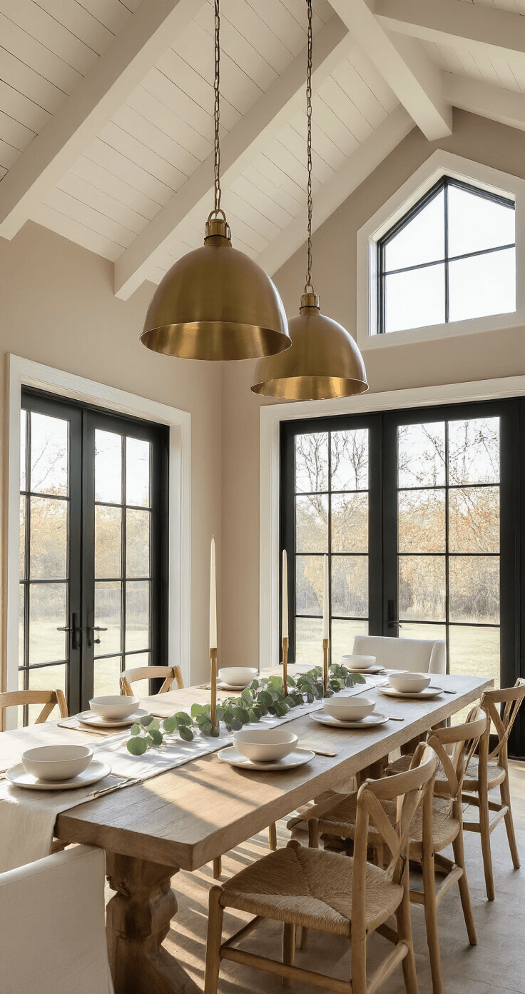 Minimalist Christmas Decor: Create a Serene Holiday Sanctuary Spacious dining room bathed in golden hour light, featuring a long oak table set with matte white ceramics and a eucalyptus runner beneath modern brass pendant lighting, surrounded by taupe walls and large black-framed windows, accented by tall white taper candles in glass holders.