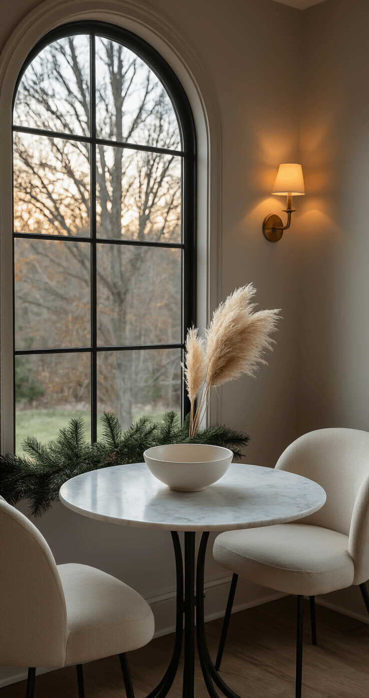 Minimalist Christmas Decor: Create a Serene Holiday Sanctuary Intimate breakfast nook at dusk with an 8-foot arched window, minimal pine garland, and a round marble table holding a large white ceramic bowl of dried pampas grass, surrounded by two modern cream chairs with black frames, illuminated by a wall-mounted brass sconce.