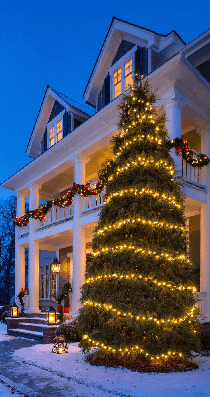 Magical Outdoor Christmas Decor: Transform Your Home into a Festive Wonderland A grand craftsman-style home exterior at dusk, featuring a towering evergreen wrapped in warm white lights, red and green garland on white columns, vintage lanterns illuminating snow-dusted steps, and architectural lighting accentuating dormers and eaves, all captured from a lower angle.