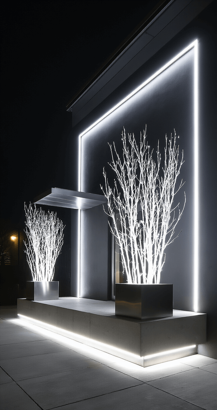 Magical Outdoor Christmas Decor: Transform Your Home into a Festive Wonderland Modern minimalist townhouse entrance at night, featuring geometric LED lights, illuminated white branches in metal planters, and a monochromatic scheme with chrome and glass accents, captured with long exposure to highlight crisp light and dramatic shadows.