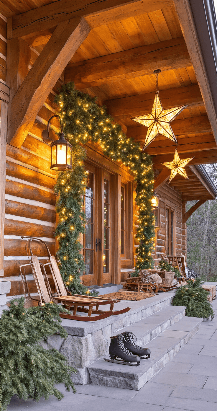 Magical Outdoor Christmas Decor: Transform Your Home into a Festive Wonderland A cozy mountain cabin exterior at sunset, adorned with natural rope lighting and fresh pine garland on timber beams, featuring handcrafted lanterns hanging from the porch ceiling, while vintage sleds and ice skates are artistically arranged by stone steps, all illuminated by warm amber spotlights that enhance the textured log walls.