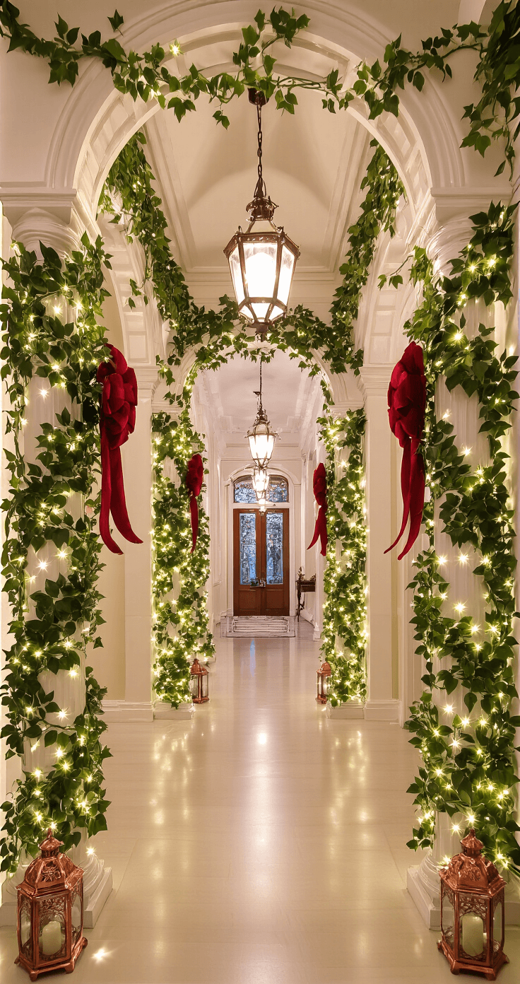 Magical Outdoor Christmas Decor: Transform Your Home into a Festive Wonderland A grand Victorian mansion entryway adorned with micro LED lights in climbing ivy, oversized mercury glass ornaments reflecting warm white spotlight, red velvet bows on ornate columns, and period copper lanterns illuminating the scene, captured from below to highlight its architectural splendor.