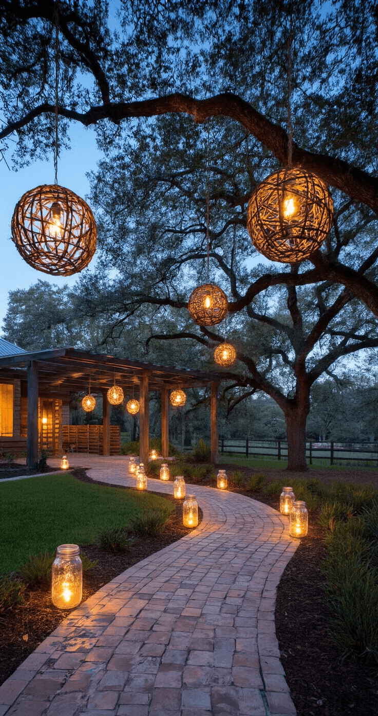 Magical Outdoor Christmas Decor: Transform Your Home into a Festive Wonderland A beautifully lit contemporary farmhouse exterior featuring a curved pathway lined with DIY mason jar luminaries. Handcrafted grapevine light spheres hang from mature oak trees, while repurposed wooden pallets serve as illuminated holiday signs. Natural rope lighting outlines a modern metal pergola, all captured during blue hour with a focus on the leading lines of the pathway.