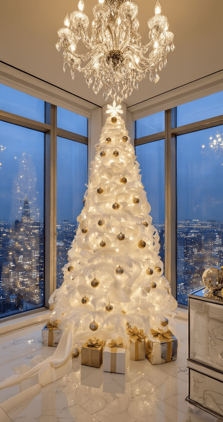 White Christmas Tree Styling: Your Ultimate Modern Holiday Decor Guide A luxurious penthouse living space featuring floor-to-ceiling windows with city lights at dusk, highlighted by a champagne-gold themed white Christmas tree adorned with metallic ornaments and a grand gold baroque topper, complemented by a white marble fireplace and mirrored furniture, all illuminated by a crystal chandelier and dramatic side lighting.