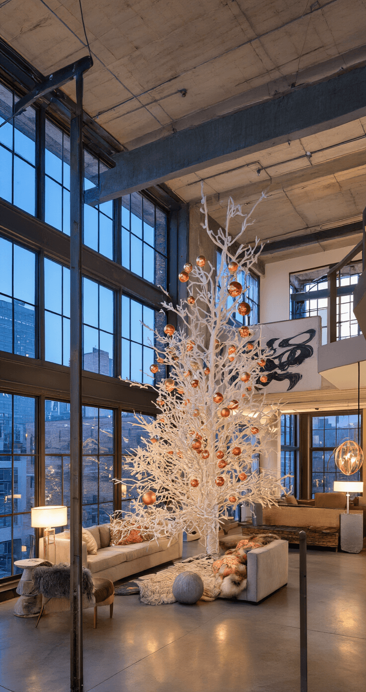 White Christmas Tree Styling: Your Ultimate Modern Holiday Decor Guide A contemporary downtown loft featuring industrial windows, illuminated by blue hour light and warm interior lighting. An 8.5ft white tree adorned with copper, rose gold, and platinum ornaments stands out against concrete floors and velvet furnishings. Abstract art decorates the space, with strategic uplighting accentuating architectural details, captured from a mezzanine level for a dramatic view.