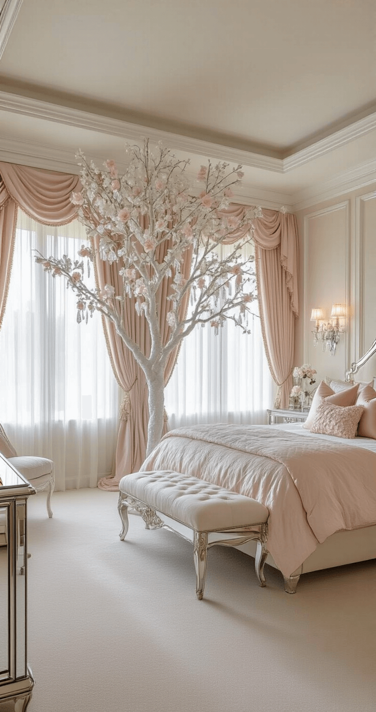 White Christmas Tree Styling: Your Ultimate Modern Holiday Decor Guide Glamorous master bedroom suite featuring a tray ceiling, soft afternoon light through sheer drapes, a 7ft white tree beside an upholstered bed frame decorated in blush pink and crystal, with mirrored furniture, crystal sconces, and silk carpeting, captured in shallow depth of field.