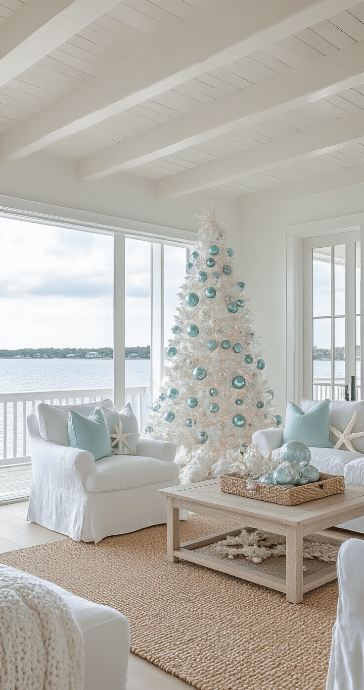 White Christmas Tree Styling: Your Ultimate Modern Holiday Decor Guide A spacious coastal-inspired great room featuring whitewashed ceiling beams and abundant natural light, showcasing a decorated white tree with seafoam glass balls and silver starfish ornaments, surrounded by white slip-covered furniture and a natural fiber rug, with serene water views visible through large windows.