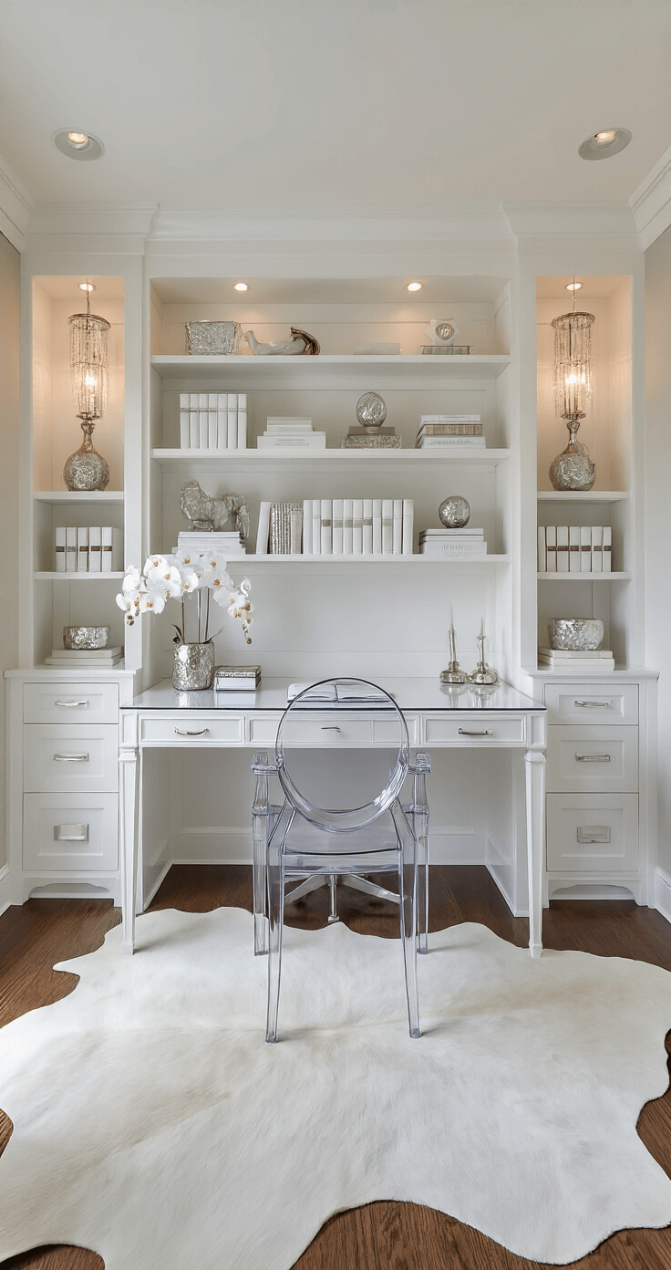 Creating a Magical White Christmas Decor: Your Ultimate Styling Guide Luxurious home office featuring built-in white lacquered bookshelves with metallic accents, a Lucite desk with a ghost chair, and a white cowhide rug, all illuminated by diffused afternoon light.