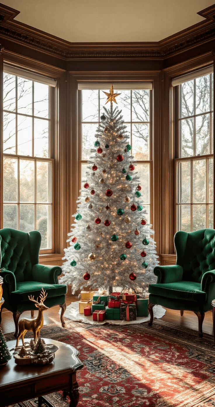 Nostalgic Charm: How to Create the Perfect Vintage Christmas Tree A cozy Victorian-style living room with a silver aluminum Christmas tree decorated with vintage Shiny Brite ornaments, illuminated by golden hour sunlight streaming through bay windows. Emerald velvet wingback chairs flank the tree, while a mahogany side table displays brass reindeer figurines and miniature bottle brush trees. An oriental rug in deep burgundy anchors the scene, captured in dreamy bokeh.