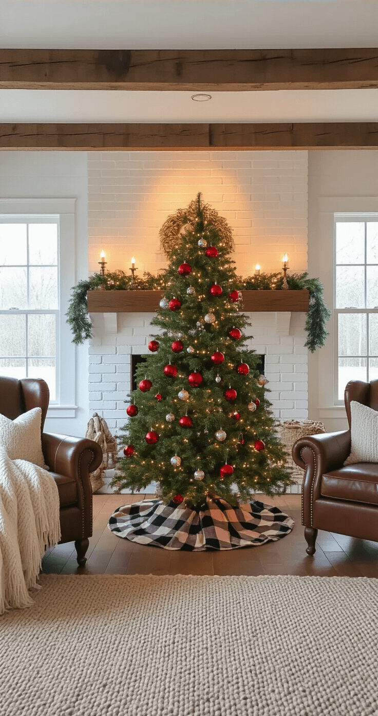 Nostalgic Charm: How to Create the Perfect Vintage Christmas Tree A cozy farmhouse family room at twilight featuring exposed wooden beams and a centered green artificial Christmas tree adorned with red glass balls, vintage reflector ornaments, and silver tinsel garland in front of a whitewashed brick fireplace. Handmade popcorn strings and warm white string lights add charm and sparkle, while a vintage wool buffalo check tree skirt complements the weathered leather armchair and cream chenille throw, creating a nostalgic atmosphere.